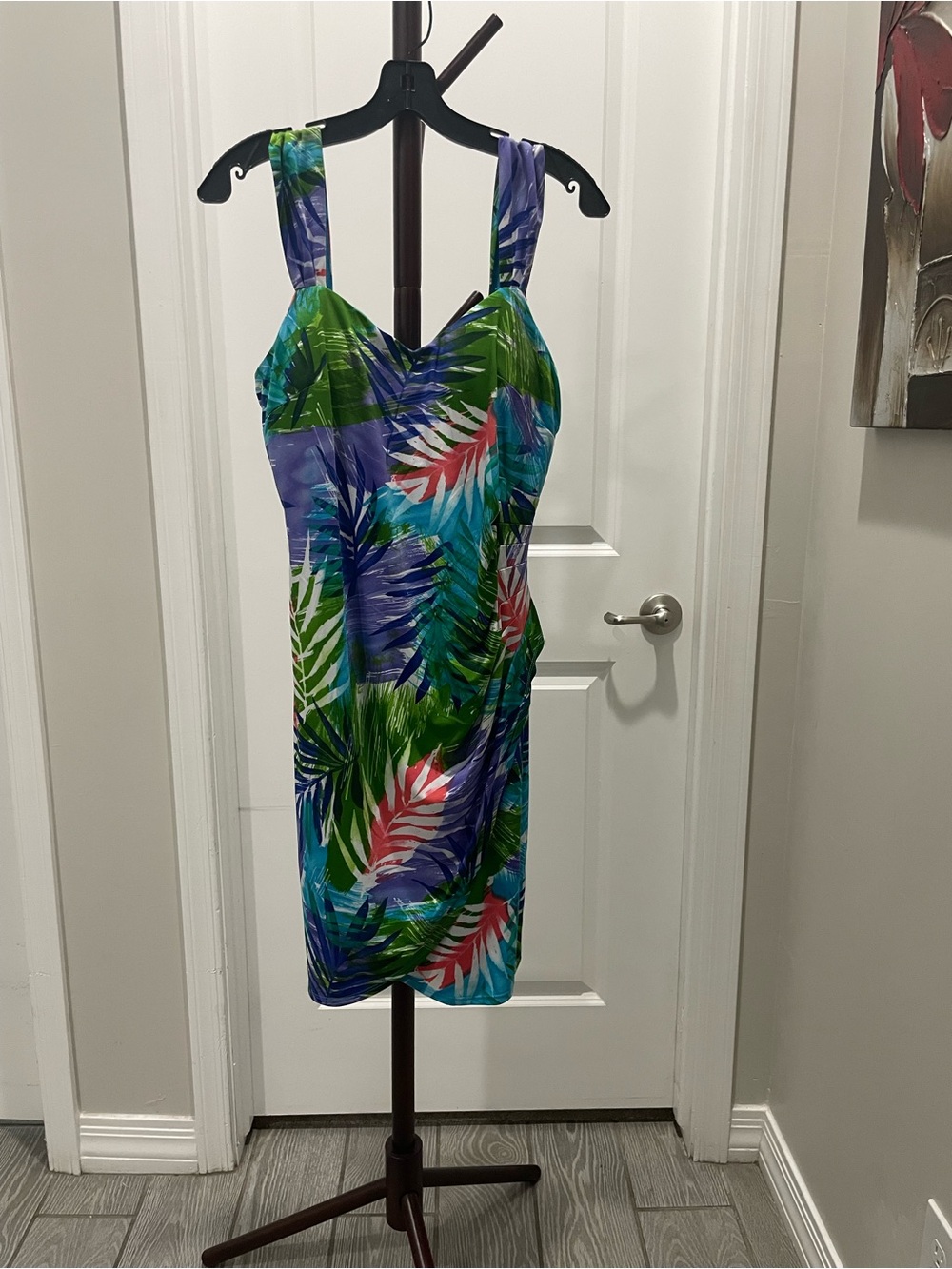 Dressbarn Tropical Leaf Midi Dress in Green, Blue & Pink